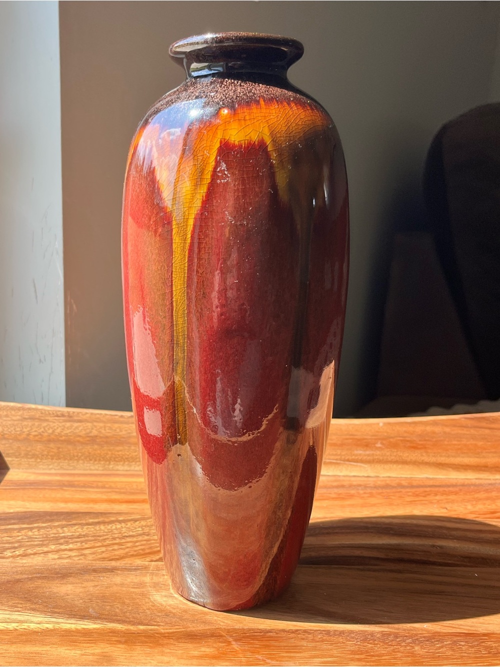 Glossy Red and Amber Ceramic Pottery Vase 12”